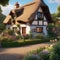 A charming country cottage with a thatched roof, flower-filled garden, and a cozy interior Quaint and picturesque countryside re