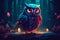 A charming and curious owl with wide eyes peering through the trees. AI Generated