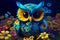 A charming and curious owl with wide eyes peering through the trees. AI Generated