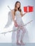 Charming curly woman in white dress and wings - angel cupid girl. arrow and wings. Angel girl with blonde hair. Real