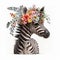 Charming Cute Baby Zebra, Colorful Boho Flowers, Watercolor, Isolated on White background - Generative AI