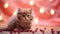 A charming cute ginger fluffy kitten with a garland on red background. Postcard with a cat for Valentines Day.
