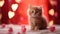 A charming cute ginger fluffy kitten with a garland in the shape of little hearts. Red Postcard with a cat for