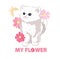 A charming cute white kitty with big eyes stands in pink flowers and butterflies