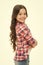 Charming cutie. Kid girl long curly hair posing cheerful happy. Girl curly hairstyle adorable smiling face. Kid happy