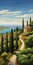 Charming Cypress Trees In Romanesque Style: Captivating Rural And Cityscape Views