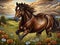 A charming dark brown horse with beautiful eyes running in a meadow, sky, clouds, flowers, wallart design, a painting, animal