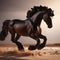 A charming dark brown horse running in a sandy beach, realistic photography, animal, wallart, wallpaper, t-shirt art