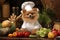 Charming dog chef showcasing culinary skills by preparing wholesome meals in the vibrant kitchen