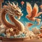 A charming dragon in wood elements with beautiful phoenix, red lampions, chinese style, wallpaper, fantasy art, magical animal