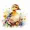 Charming Duckling in a Colorful Flower Field for Art Prints and Greeting Cards.