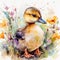 Charming Duckling in a Colorful Flower Field for Art Prints and Greeting Cards.