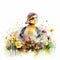 Charming Duckling in a Colorful Flower Field for Art Prints and Greeting Cards.