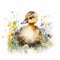 Charming Duckling in Colorful Flower Field Watercolor Painting Ideal for Greeting Cards and Art Prints