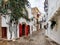 Charming empty cobblestone street of old town of Ibiza. Spain