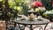 A charming English tea garden with wrought-iron tables and floral teacups