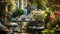A charming English tea garden with wrought-iron tables and floral teacups