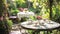 A charming English tea garden with wrought-iron tables and floral teacups