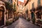 A charming European cityscape with cobblestone streets, colorful buildings.