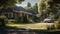 a charming family house nestled within a serene neighborhood. The concrete pathway leads through a lush green lawn, with