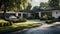 a charming family house nestled within a serene neighborhood. The concrete pathway leads through a lush green lawn, with