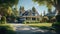 a charming family house nestled within a serene neighborhood. The concrete pathway leads through a lush green lawn, with