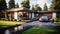 a charming family house nestled within a serene neighborhood. The concrete pathway leads through a lush green lawn, with