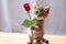 Charming Feline Gesture Kitten Holding a Beautiful Red Rose