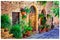 Charming floral decorated streets of medieval towns of Italy. Sp