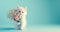 a charming fluffy white kitten holds a bouquet in its paws on a blue background,on the right there is a place for text,the concept