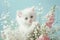 a charming fluffy white kitten touches delicate flowers on a blue background with its paw,on the right there is a place for text,