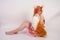 Charming Fox girl in an orange long wig with fur big ears and a long fluffy tail wearing red kitchen plaid apron posing alone bare