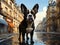 Charming French Bulldog Strolls Through Parisian Street - Artistic Cityscape Illustration.