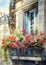 Charming French Town: A Canvas of Sunlit Balconies, Flower-Fille