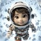 A charming and friendly cartoon astronaut with a big smile, dressed in a detailed spacesuit, ready for a space adventure