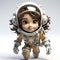 A charming and friendly cartoon astronaut with a big smile, dressed in a detailed spacesuit, ready for a space adventure