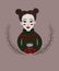 a charming girl of Asian appearance with red cheeks and a cute hairstyle in a green sweater and gloves holds cocoa with