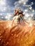 A charming girl, blonde, in a white dress with lace, stands in a golden field with rye. A harvest sorceress with a flower.