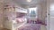 A Charming Girl\\\'s Bedroom Featuring a White Bunk Bed, Pink Bedding, Toys, and a Soft Carpet Floor