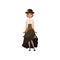 Charming girl in steampunk costume. Woman in blouse, skirt with bustle, corset and bowler hat with gears. Fancy outfit