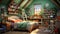 Charming girls\\\' room: sage walls, colorful books, photorealistic playfulness. Created with Generative AI