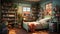 Charming girls\\\' room: sage walls, colorful books, photorealistic playfulness. Created with Generative AI