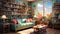 Charming girls\\\' room: sage walls, colorful books, photorealistic playfulness. Created with Generative AI