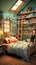 Charming girls\\\' room: sage walls, colorful books, photorealistic playfulness. Created with Generative AI