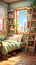 Charming girls\\\' room: sage walls, colorful books, photorealistic playfulness. Created with Generative AI