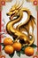 A charming golden dragon with mandarin orange fruits, in chinese style, banksy art, symbol of growth and prosperity, beautiful