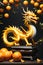 A charming golden dragon in a pose with mandarin orange, fruit, leaves, symbol of growth, proaperity, chinese style, banksy art