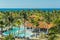 Charming, gorgeous amazing view of Cuban Cayo Guillermo island tropical resort with people in background on sunny warm day