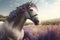 a charming gray horse with purple flowers in its mane, standing on a lavender field.