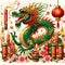 A charming green dragon as the wood element of the year, with firecrackers, sakura flower, red lampion, gold